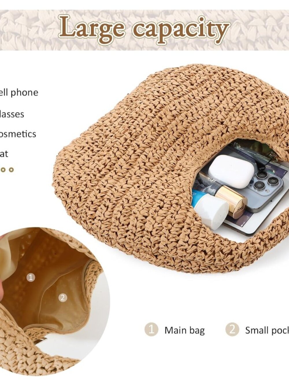 Straw Bag for Women Crescent Shoulder Handbag Straw Summer Beach Tote Handbag Ra - Picture 6 of 7